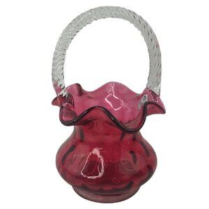 Vtg Fenton 8" Cranberry Pink Glass Basket Vase Ruffle Edge Crystal Handle USA